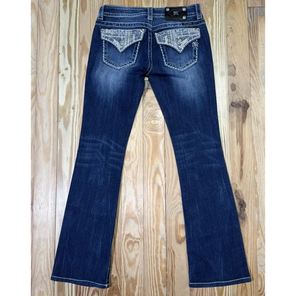 MISS ME Lace-Overlay Back-Flap Pocket Embellished Jeans Size 27